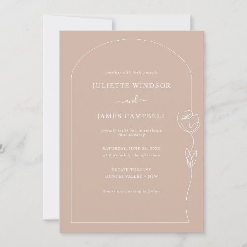 Line Drawing Rose Flower Latte Wedding Invitation