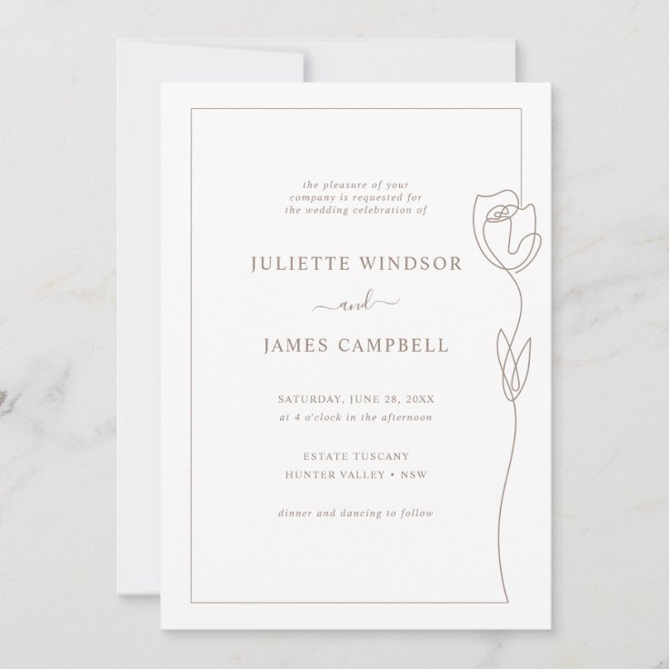 Line Drawing Rose Flower Wedding Invitation | Zazzle