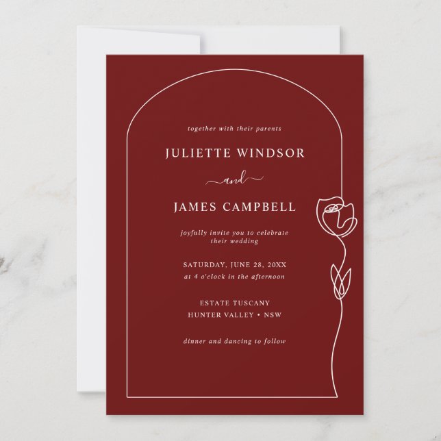 Line Drawing Rose Flower Wine Wedding Invitation (Front)