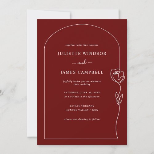 Line Drawing Rose Flower Wine Wedding Invitation