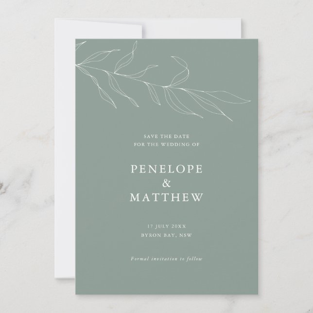 Line Drawing Sage Foliage Wedding Invitation (Front)