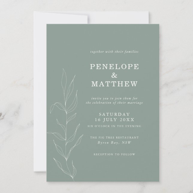 Line Drawing Sage Foliage Wedding Invitation (Front)
