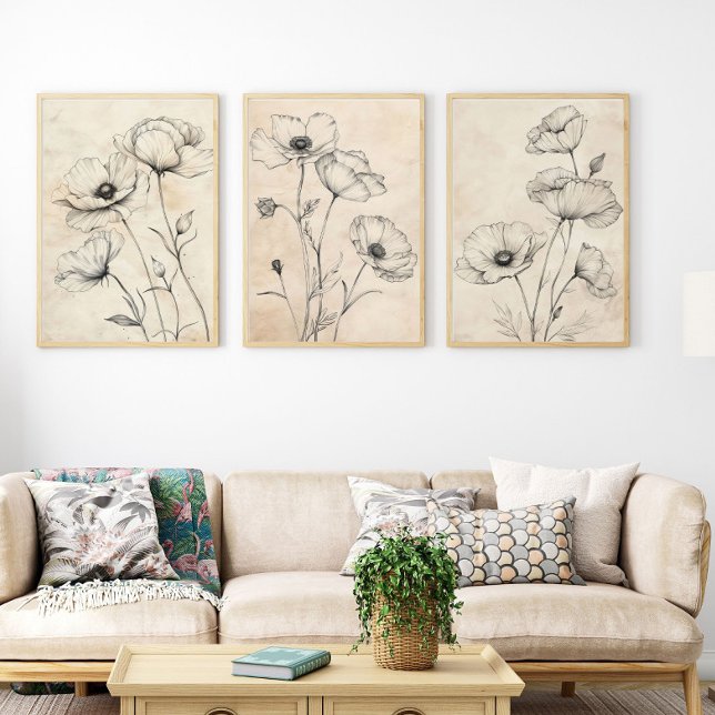 Line Drawn Black Wildflowers on Beige Sepia Tone Wall Art Sets (Line drawn black on beige wildflowers, set of 2 or 3 poster prints.)