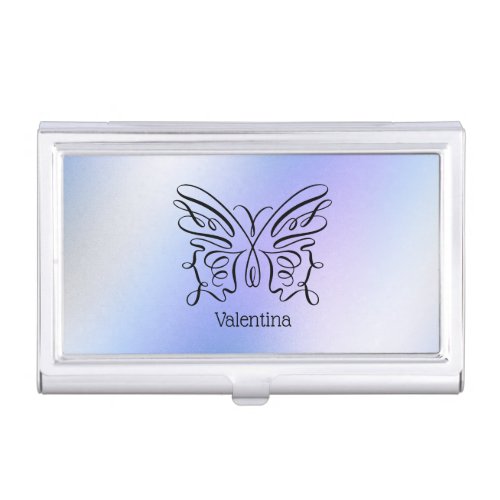 Line Drawn Blue Purple Butterly Holographic Business Card Case