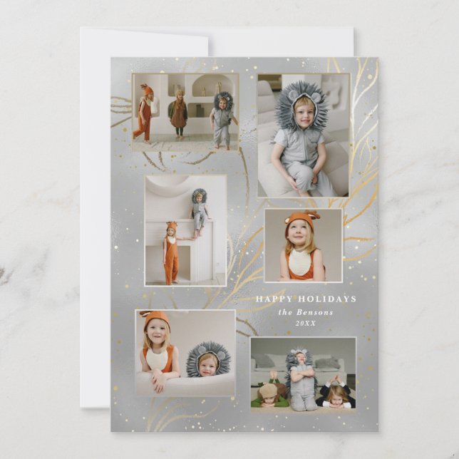 Line-Drawn Gold Leaves Glam Silver 6-Photo Holiday (Front)