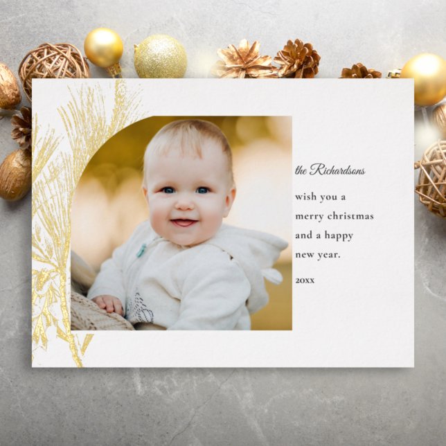 Line Drawn Gold Pine Photo  Foil Holiday Postcard (Creator Uploaded)