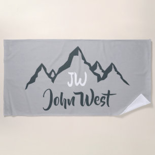 Line drawn mountain range personalizable monogram beach towel