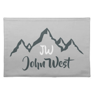 Line drawn mountain range personalizable monogram cloth placemat
