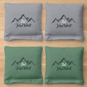 Line drawn mountain range personalizable monogram cornhole bags