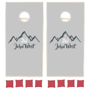 Line drawn mountain range personalizable monogram cornhole set
