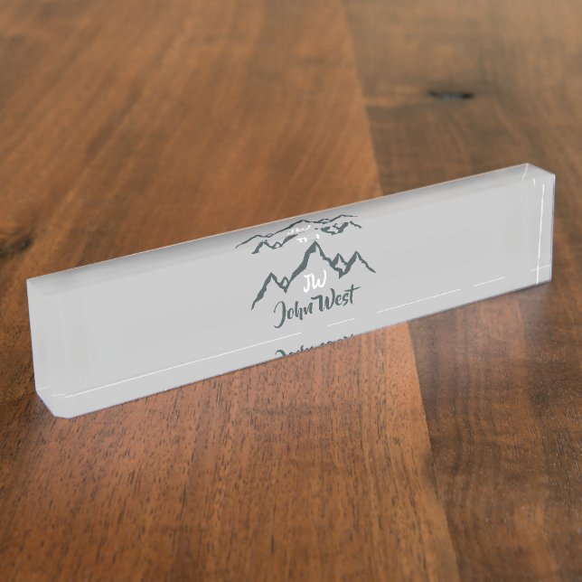 Line drawn mountain range personalizable monogram desk name plate (Side)