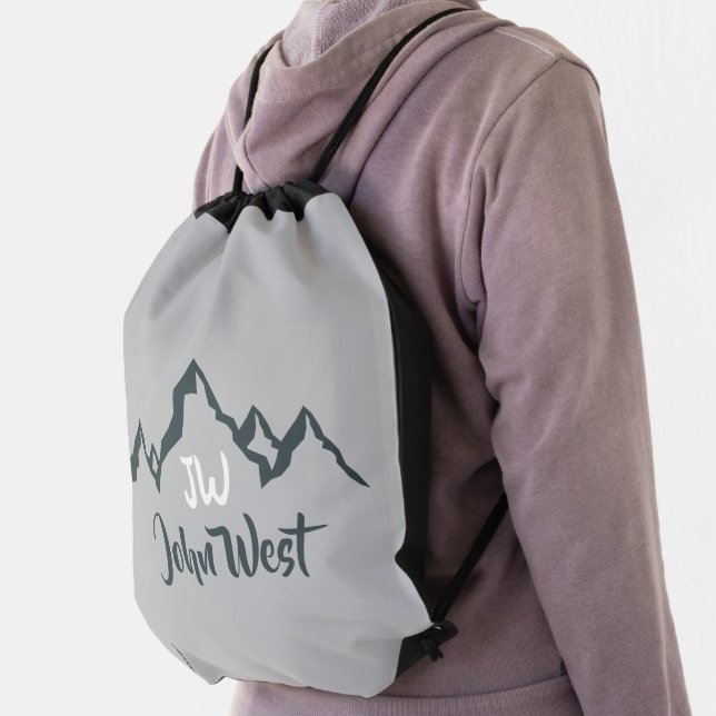 Line drawn mountain range personalizable monogram drawstring bag (Insitu)