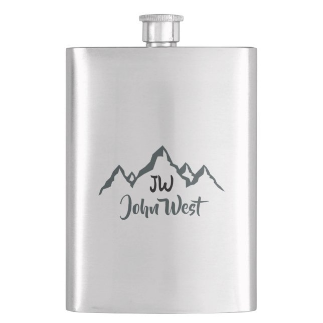Line drawn mountain range personalizable monogram flask (Front)