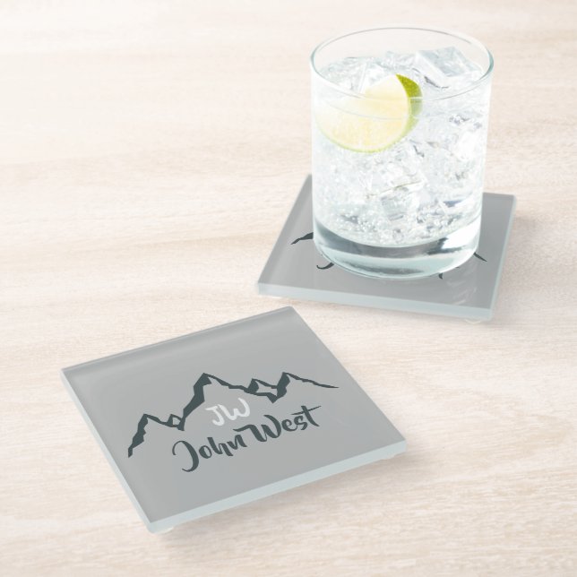 Line drawn mountain range personalizable monogram glass coaster (Angled)