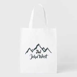 Line drawn mountain range personalizable monogram grocery bag