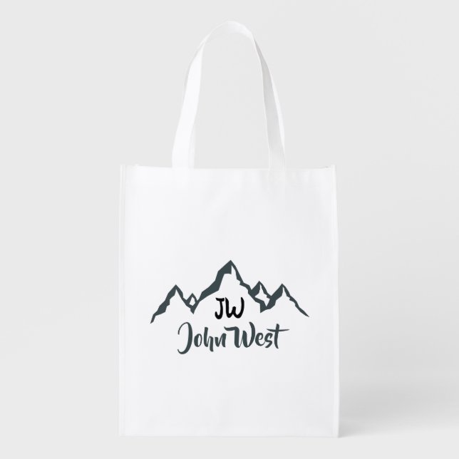 Line drawn mountain range personalizable monogram grocery bag (Front)