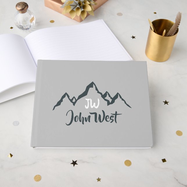 Line drawn mountain range personalizable monogram guest book (Front Open)