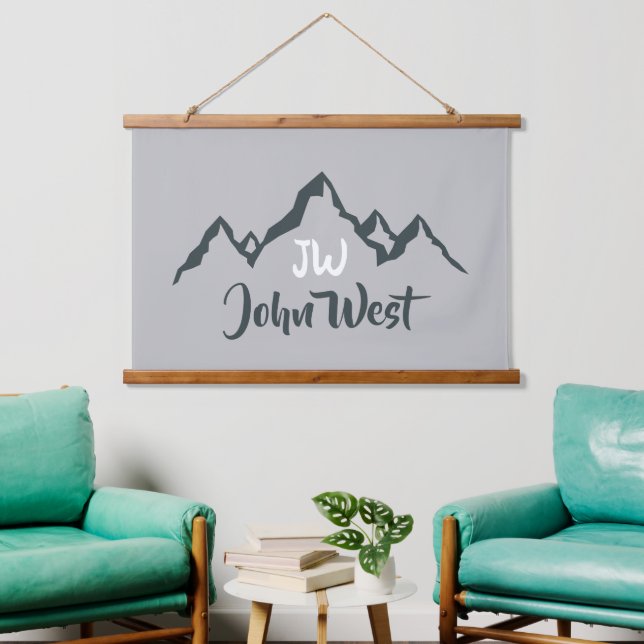 Line drawn mountain range personalizable monogram hanging tapestry (Living Room)