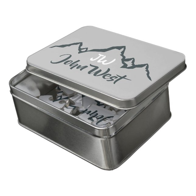 Line drawn mountain range personalizable monogram jigsaw puzzle (Lid Open)