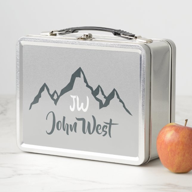 Line drawn mountain range personalizable monogram metal lunch box (In Situ)