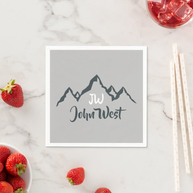 Line drawn mountain range personalizable monogram napkins (Insitu)