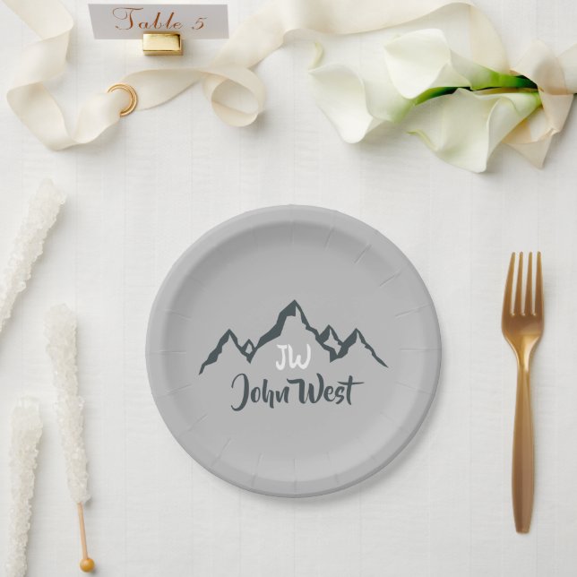 Line drawn mountain range personalizable monogram paper plates (Wedding)