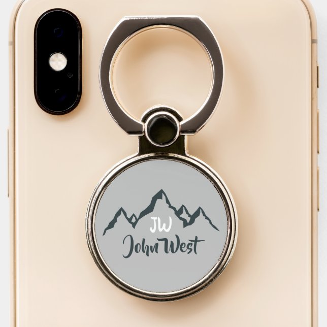 Line drawn mountain range personalizable monogram phone ring stand (Close Up)
