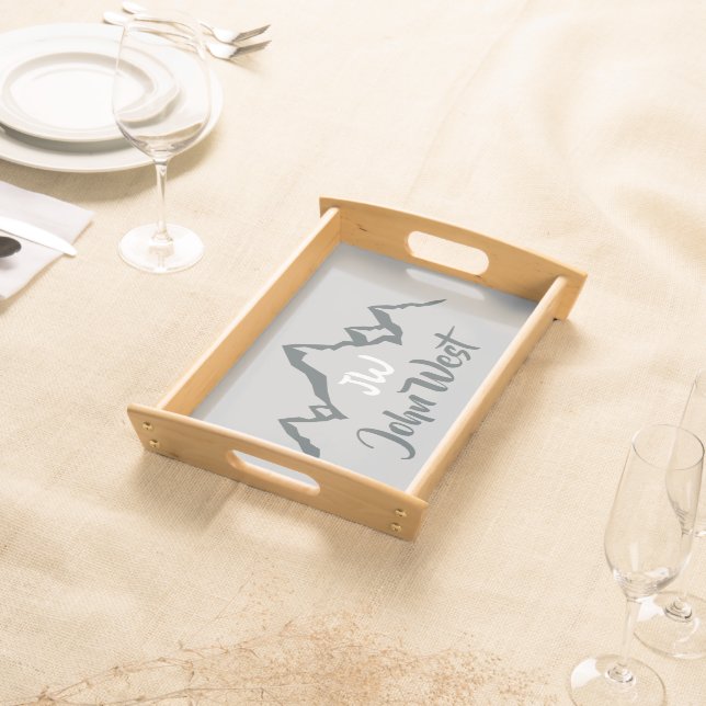Line drawn mountain range personalizable monogram serving tray (Front)