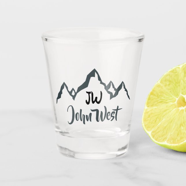 Line drawn mountain range personalizable monogram shot glass (Front)