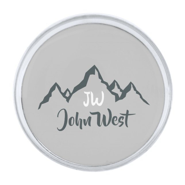 Line drawn mountain range personalizable monogram silver finish lapel pin (Front)