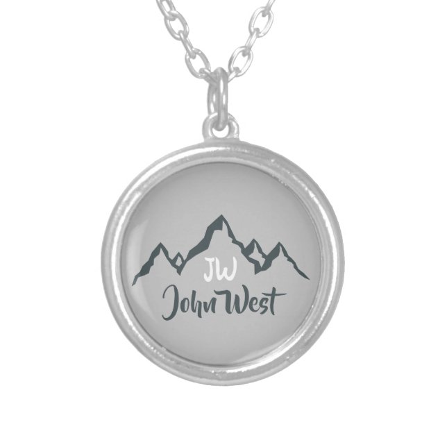 Line drawn mountain range personalizable monogram silver plated necklace (Front)