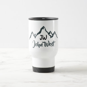 Line drawn mountain range personalizable monogram travel mug