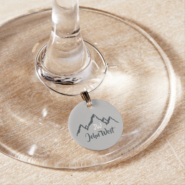 Line drawn mountain range personalizable monogram wine charm (In Situ)