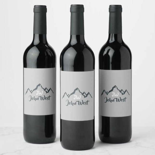 Line drawn mountain range personalizable monogram wine label (Bottles)