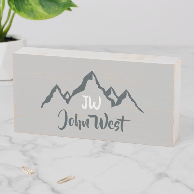 Line drawn mountain range personalizable monogram wooden box sign (In Situ Horizontal)