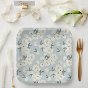 Line Drawn Peony in Cream on Light Blue Paper Plates