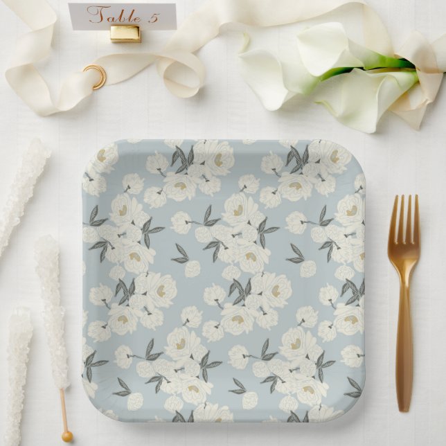 Line Drawn Peony in Cream on Light Blue Paper Plates (Wedding)