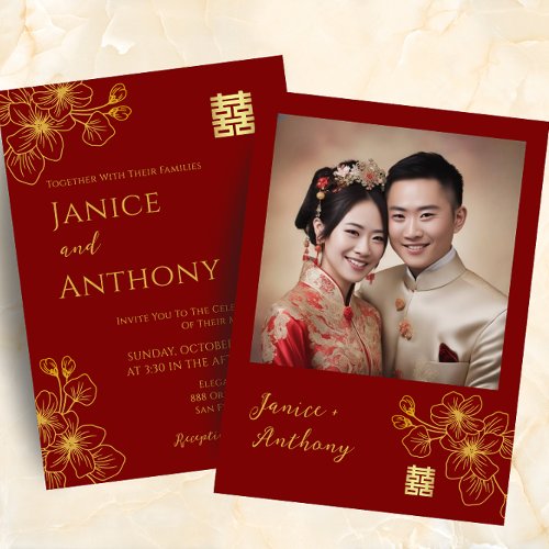 Line floral couple Chinese wedding photo red Invitation