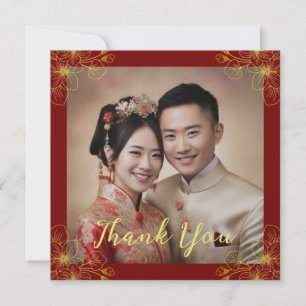 Line floral couple Chinese wedding photo red Thank You Card