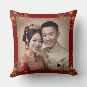 Line floral couple Chinese wedding photo red Throw Pillow