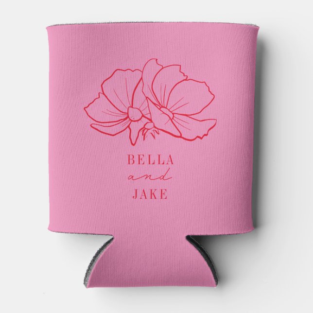 Line Floral Terracotta Pink Wedding Can Cooler (Front)