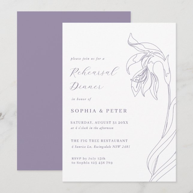 Line flower lavender Rehearsal Dinner Invitation (Front/Back)