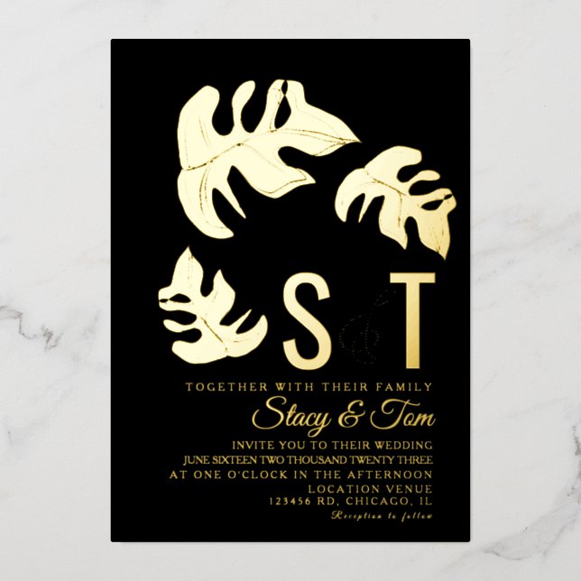 Line Monstera Leaf Wedding Pressed Black Foil Invitation (Front)
