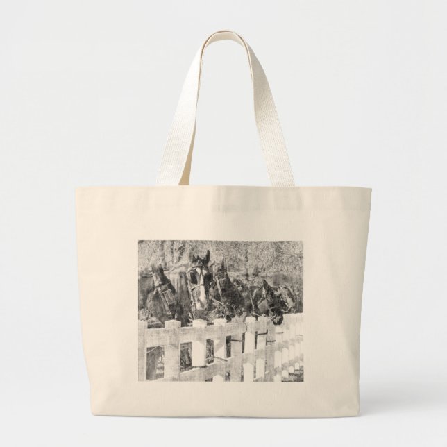 Line of Amish Horses Black and white Large Tote Bag (Front)