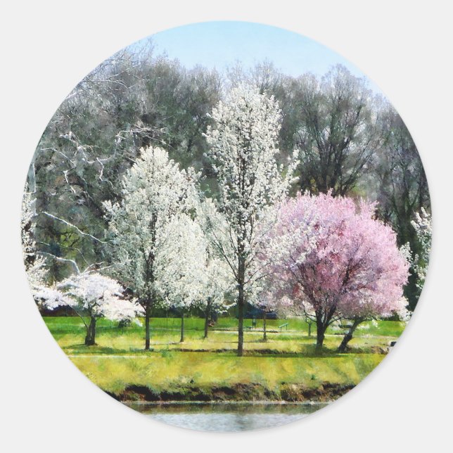 Line of Flowering Trees Classic Round Sticker (Front)