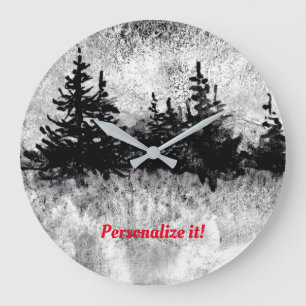 Line of pines in black, white and gray large clock