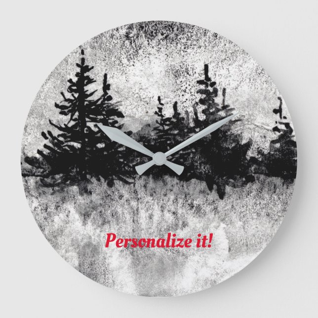 Line of pines in black, white and gray large clock (Front)