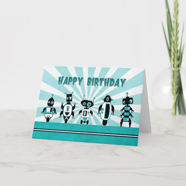 Line of Robots in Front of Sunburst Birthday Card (Front)