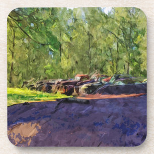 Line of Rusty Old Cars and Trucks Abstract Beverage Coaster