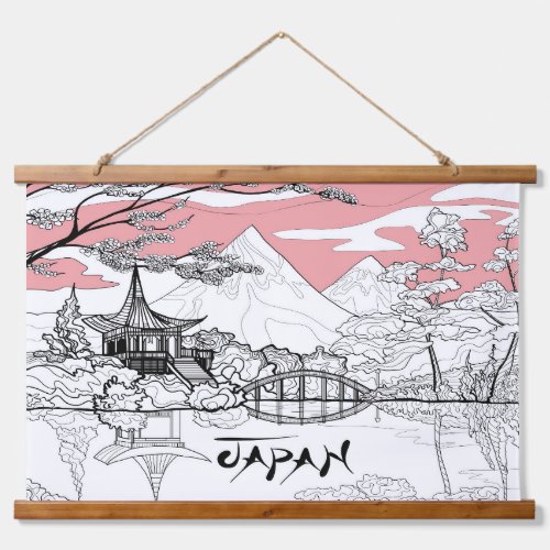 Line Painting of Japanese Temple Lake Mountain Hanging Tapestry